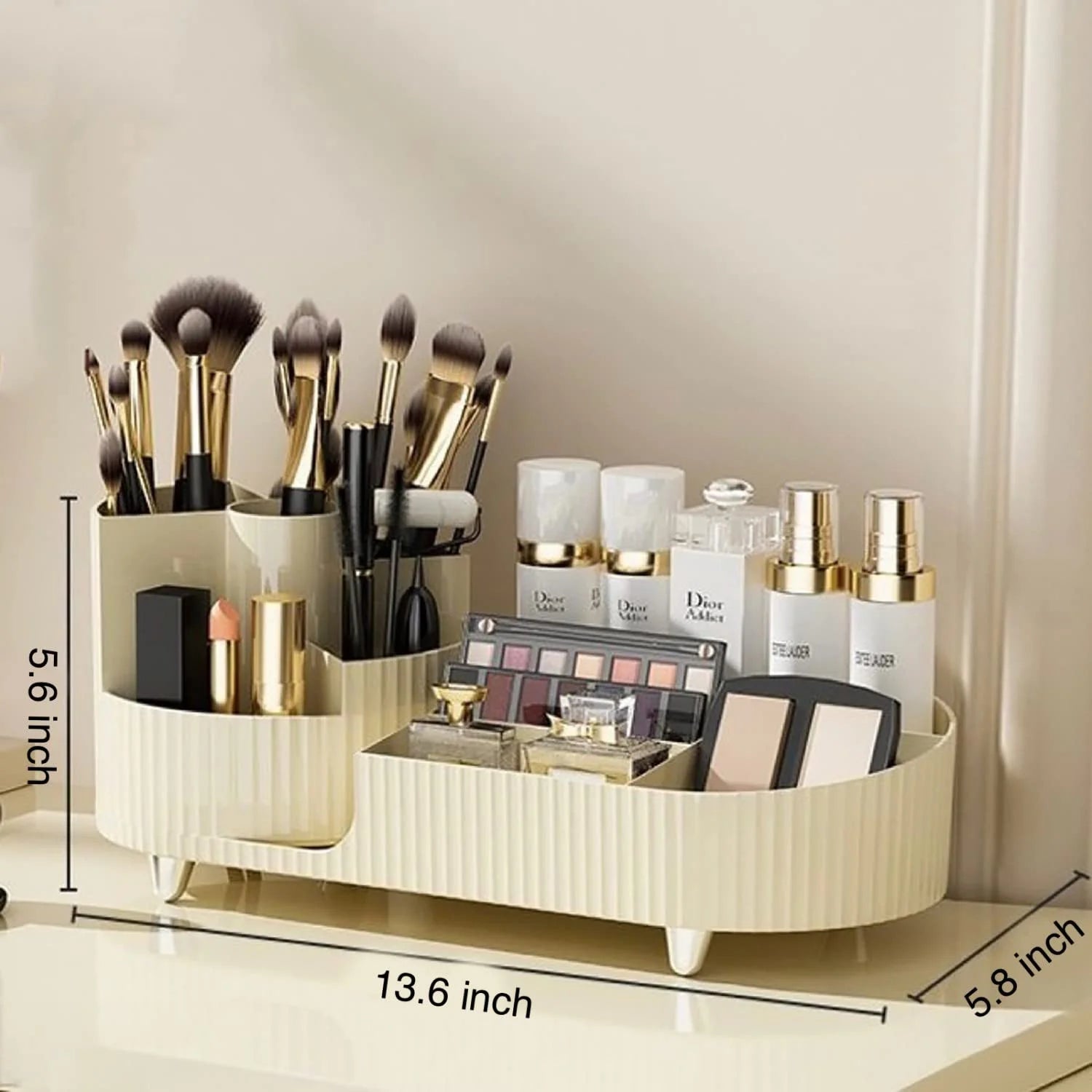 Makeup Organizer, Dresser Rotating Cosmetic Organizer with Brush, Holder for Perfume Jewelry Lipstick Makeup Skin Care Organizer, Ivory
