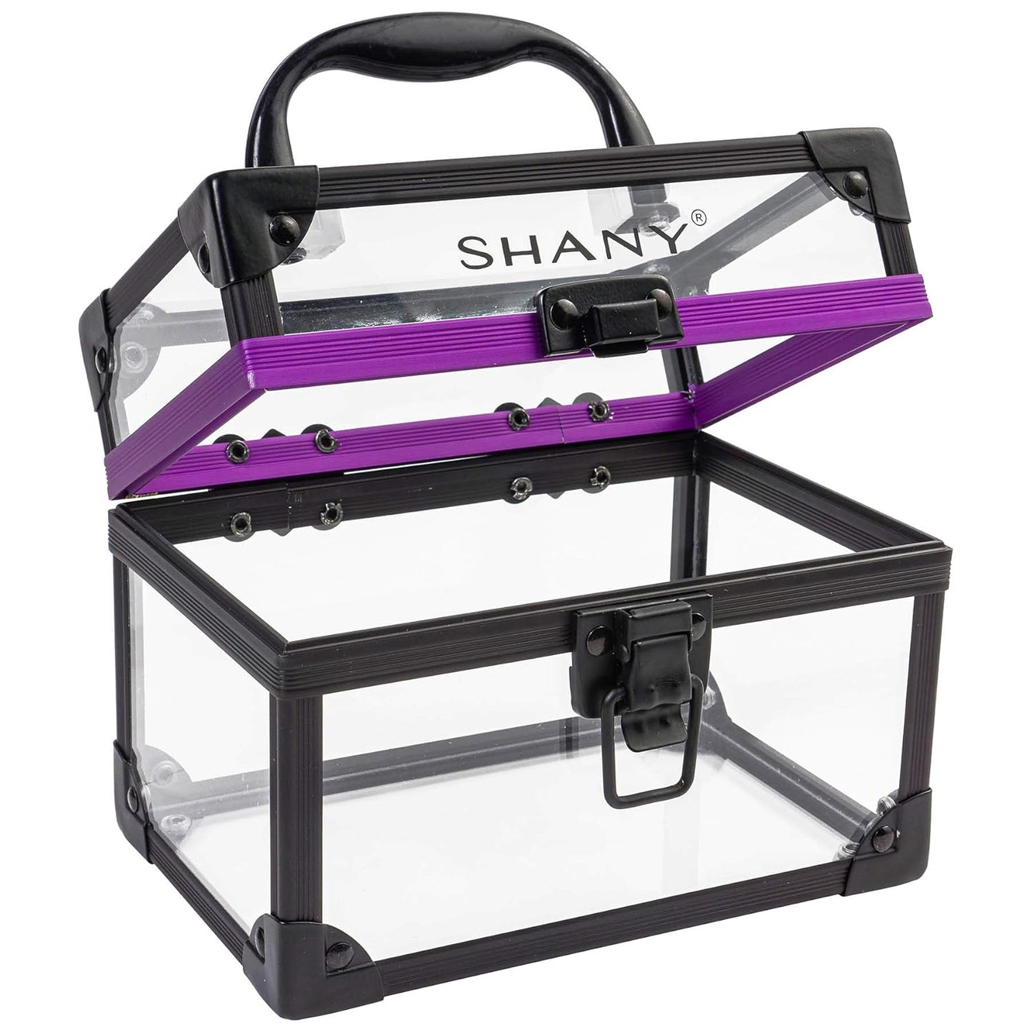 Clear Cosmetics and Toiletry Train Case - Clear Travel Makeup Bag Case Organizer with Secure Closure and Black/Purple Accents - Medium