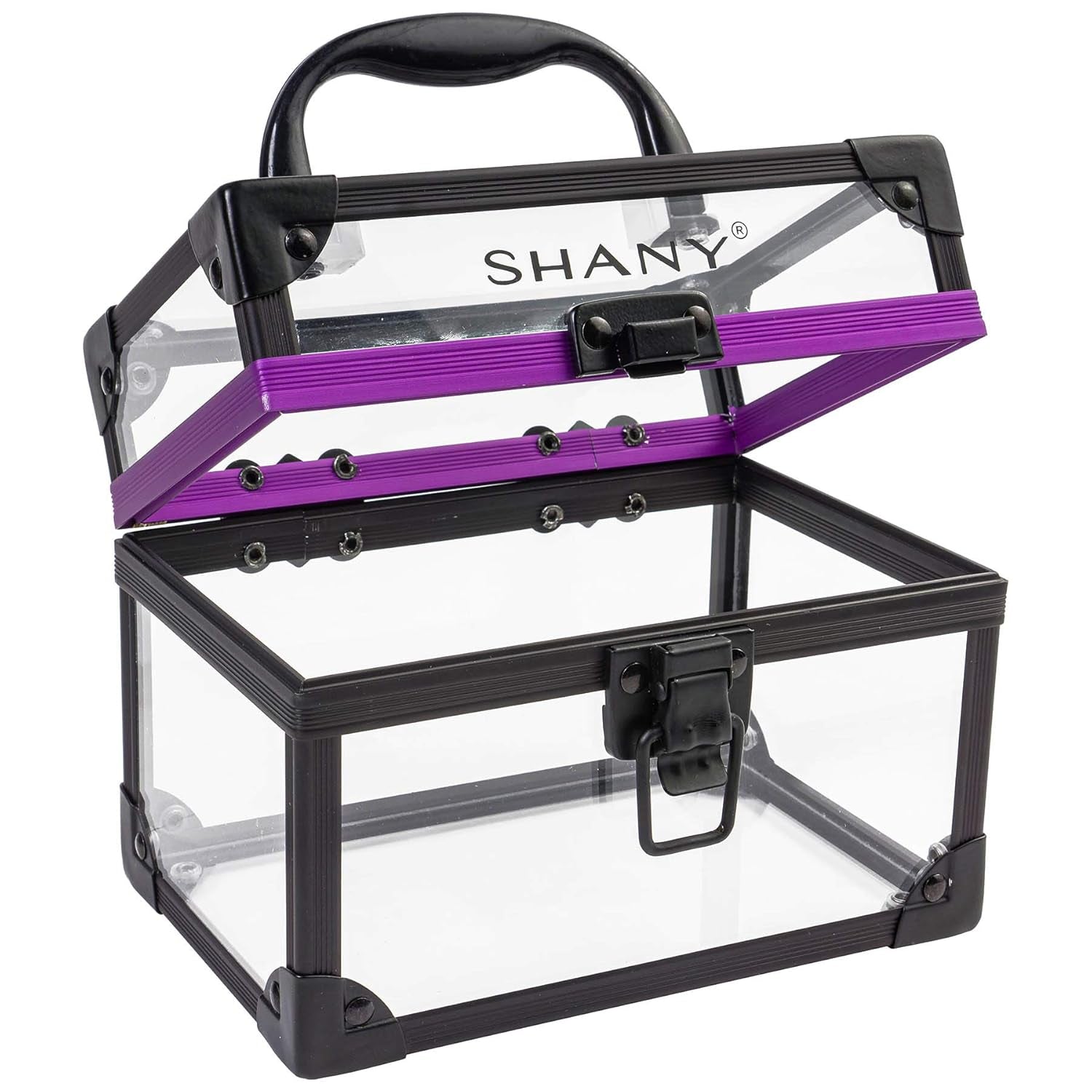 Clear Cosmetics and Toiletry Train Case - Clear Travel Makeup Bag Case Organizer with Secure Closure and Black/Purple Accents - Medium