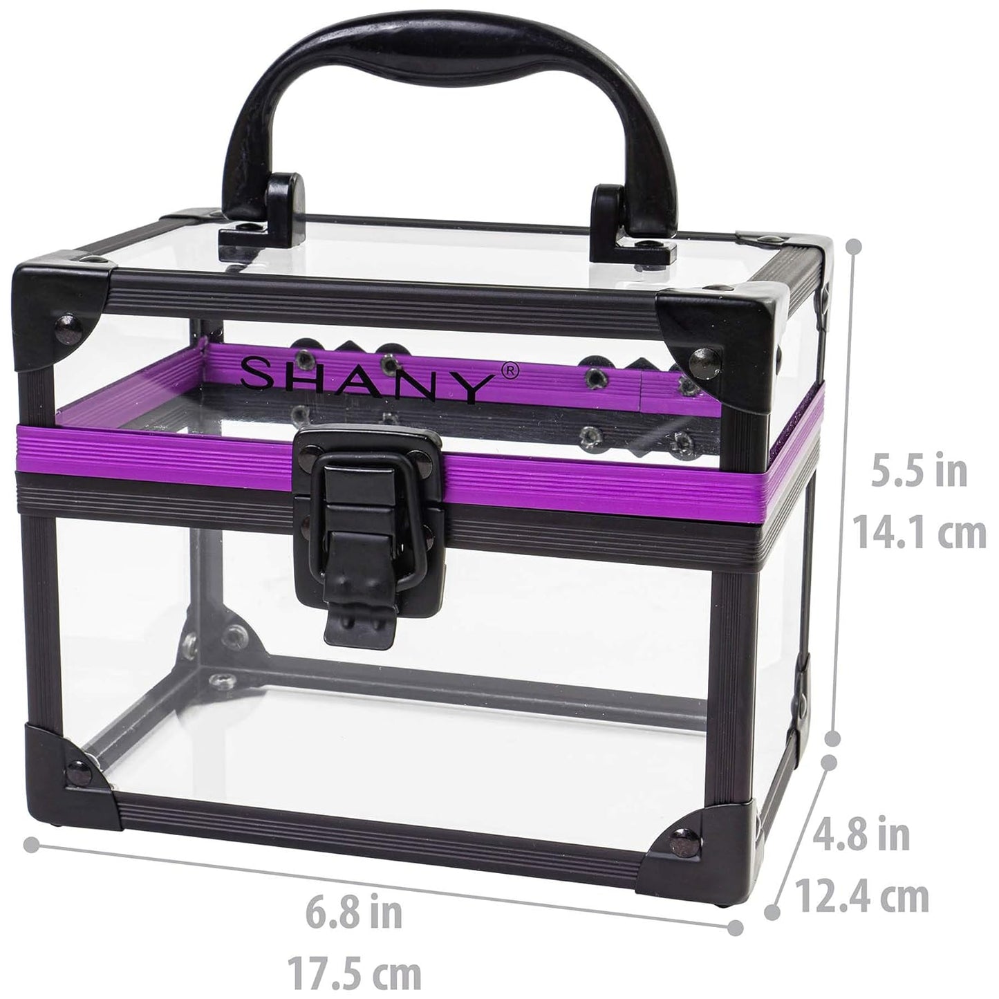 Clear Cosmetics and Toiletry Train Case - Clear Travel Makeup Bag Case Organizer with Secure Closure and Black/Purple Accents - Medium