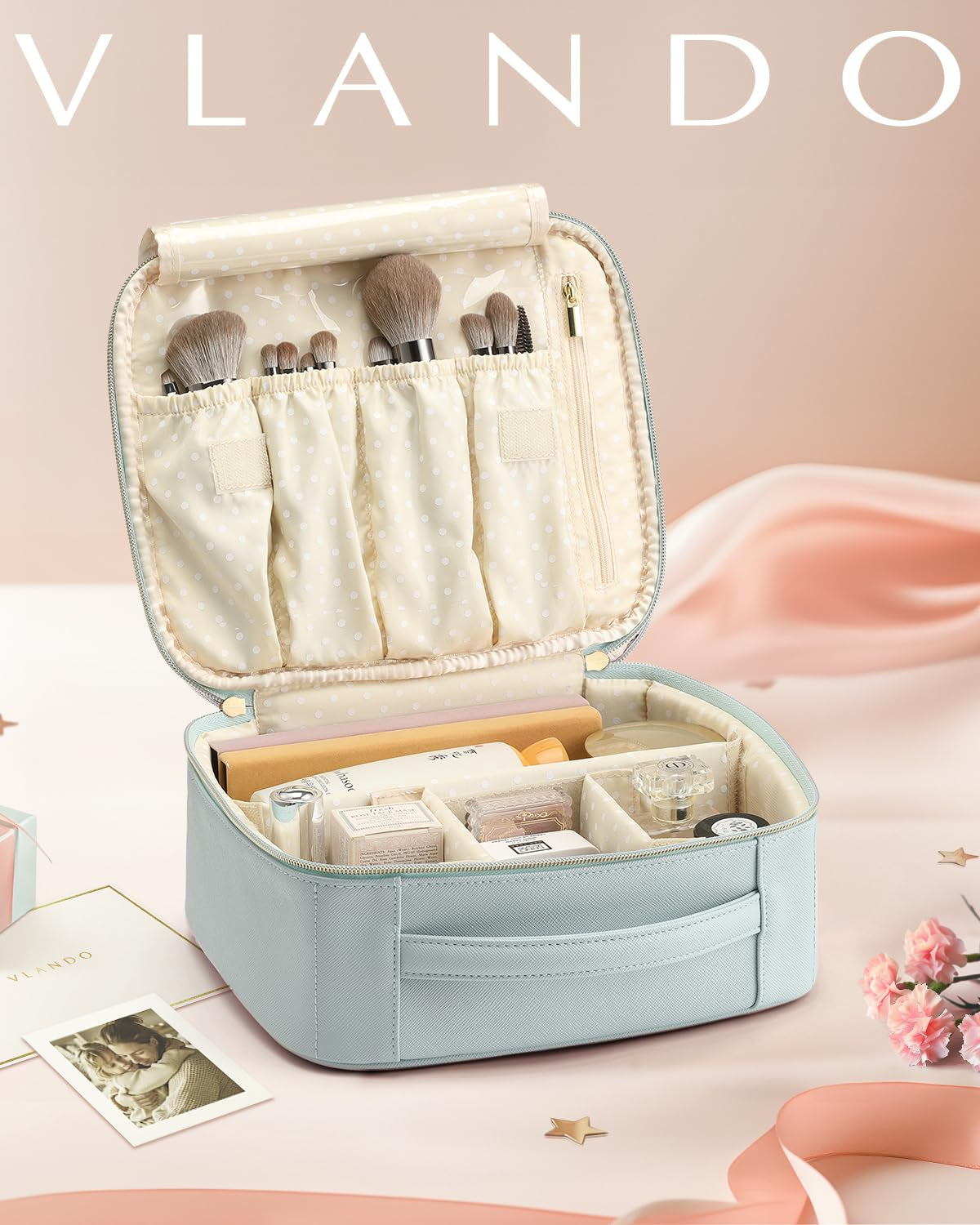 Makeup Bag, Travel Makeup Bags,Large Portable Make up Bag Organzier with Dividers and Handle Gifts for Women Girls,Traveler,Christmas,Wedding Blue