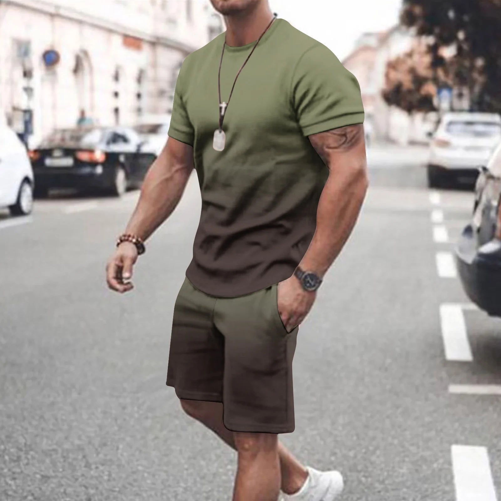Mens Summer 2 Piece Tracksuit Gradient Color Crew Neck Pull-On Tee Tops and Double Pockets Plain Shorts Vacation Workout Shirts Sets