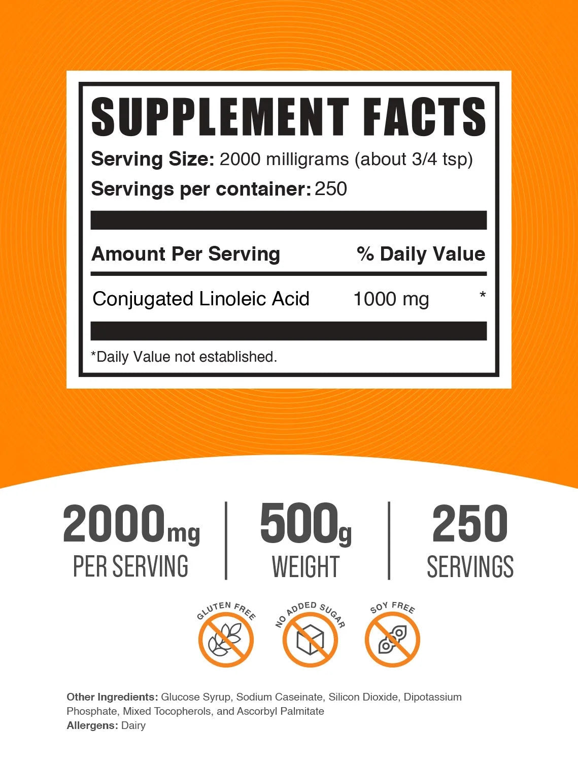 Bulksupplements Conjugated Linoleic Acid Powder - CLA Supplements - Dietary Supplement, Gluten Free, 2G per Serving, 500G (1.1 Lbs)