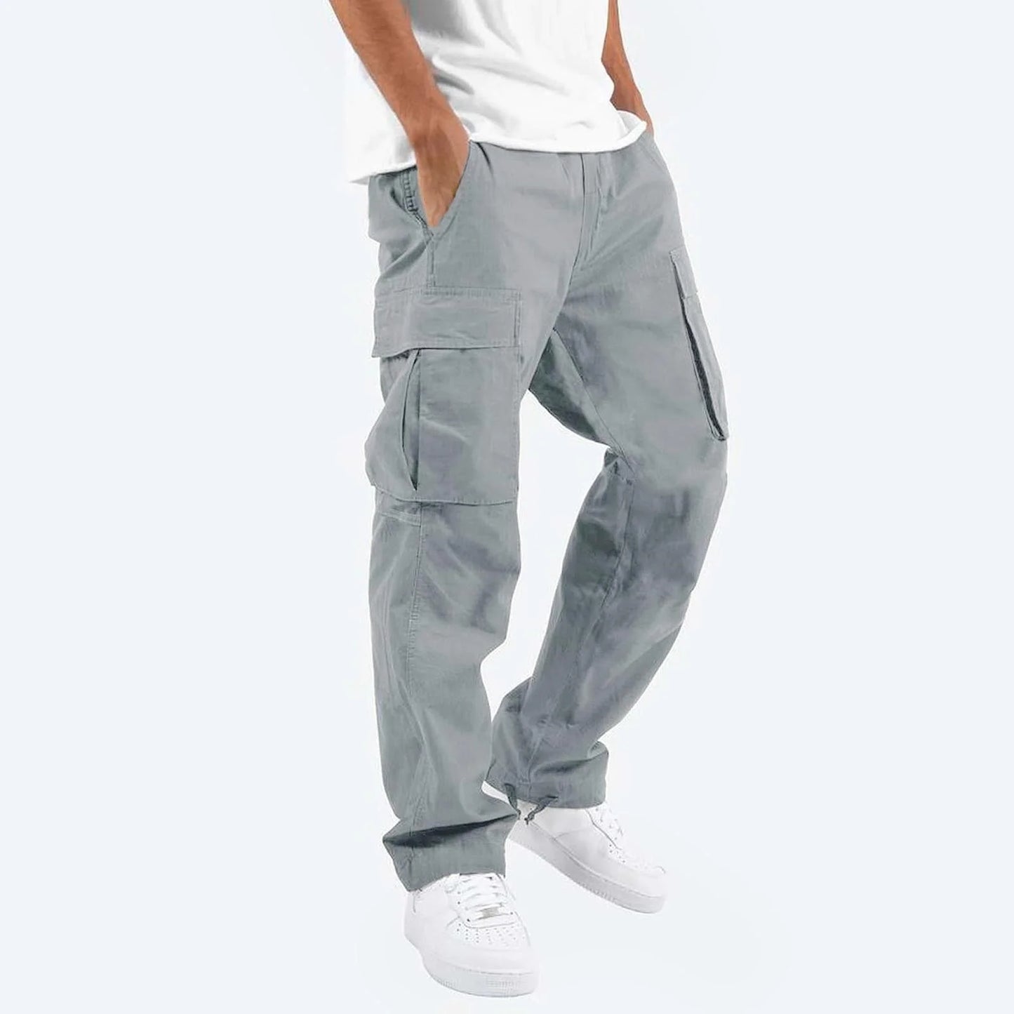 Trousers Full Length Pants for Men Solid 2025 Casual Multiple Pockets Outdoor Straight Type Fitness Pants Cargo Pants Trousers Gray