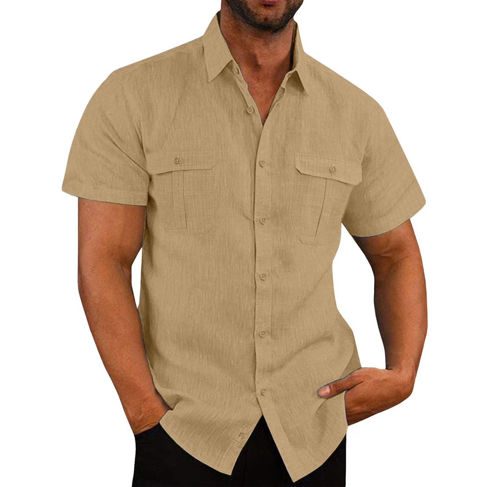 Mens Short Sleeve Classic Shirts Fishing Casual Regular-Fit Button-Up Collared Plaid Double Pocket Dress Shirt Top Tees Blouses Men Short Sleeve Shirts Button up Clearance Beach Wedding Shirt M-5XL