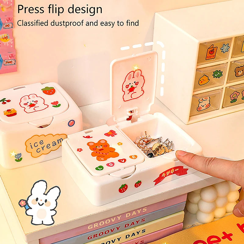 Kawaii Cartoon Desk Organizer Box Button Cosmetics Storage Box with Lid Mini Jewelry Organizer Cosmetics Makeup Container