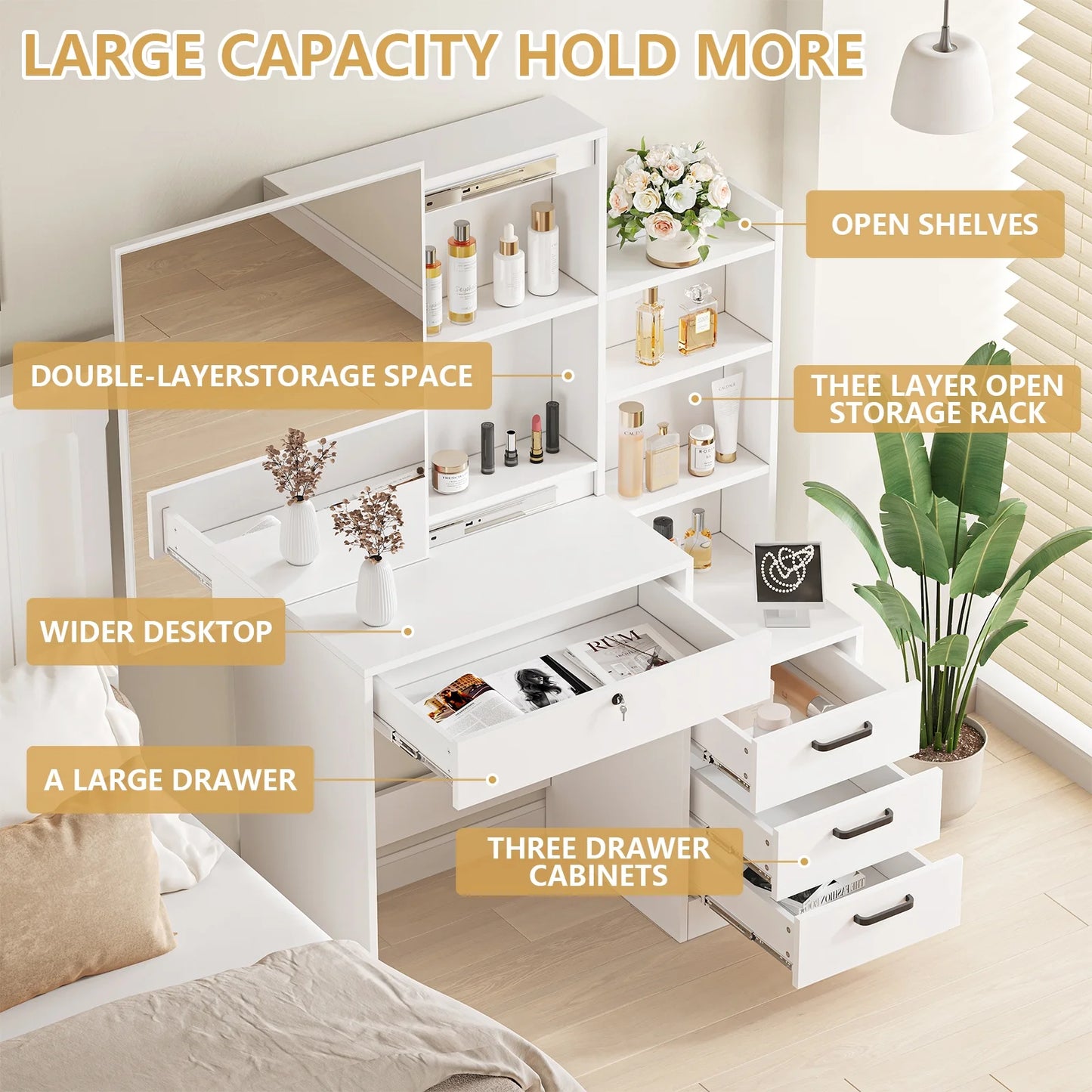 Vanity Table Stylish Aesthetic Durable with Sliding Mirror White