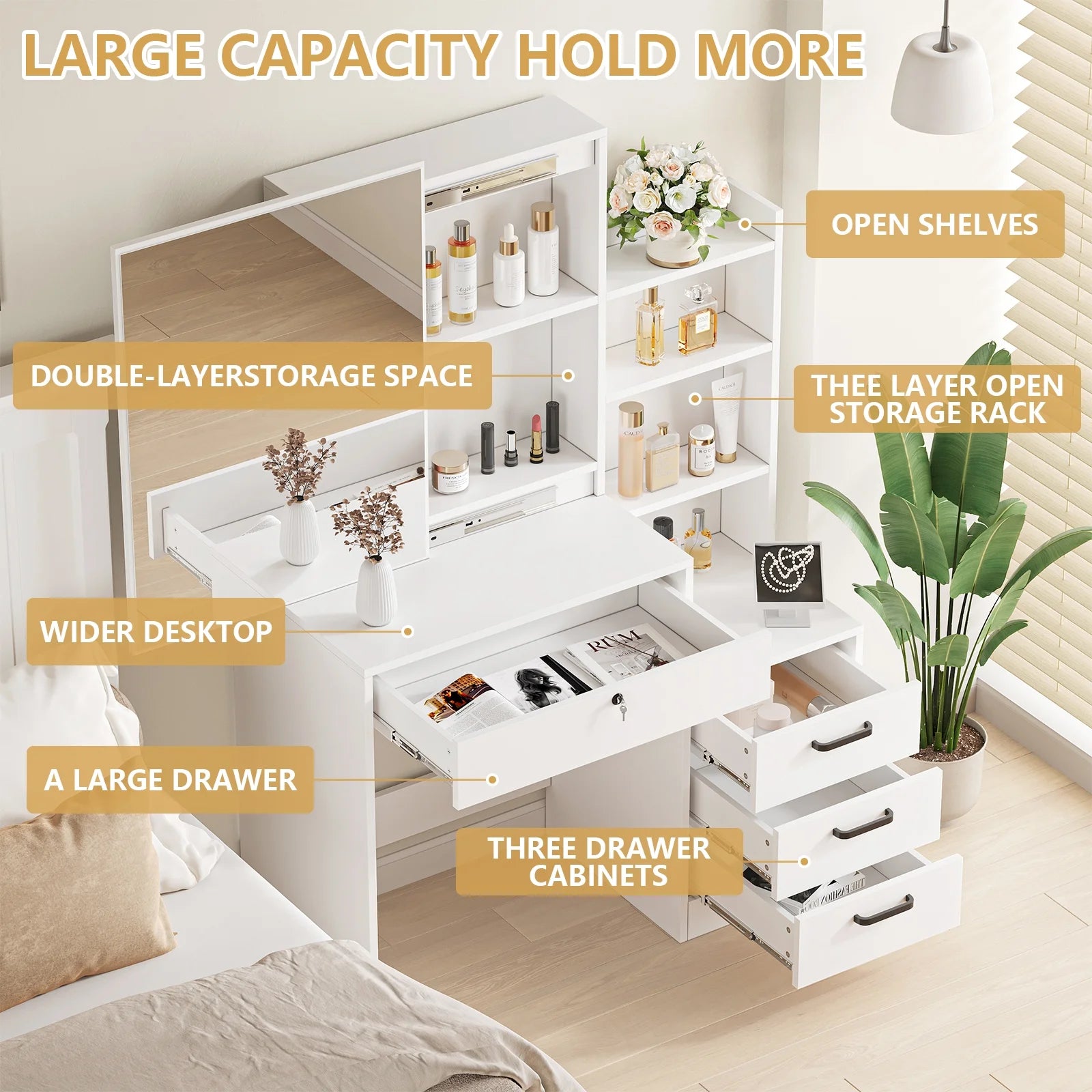 Vanity Table Stylish Aesthetic Durable with Sliding Mirror White
