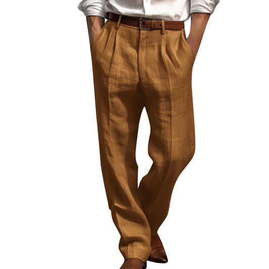 Cotton Linen Pants for Men Pleated Front Trouser Straight Leg Suit Trousers Solid Color Office Trouser Lightweight Linen Pant