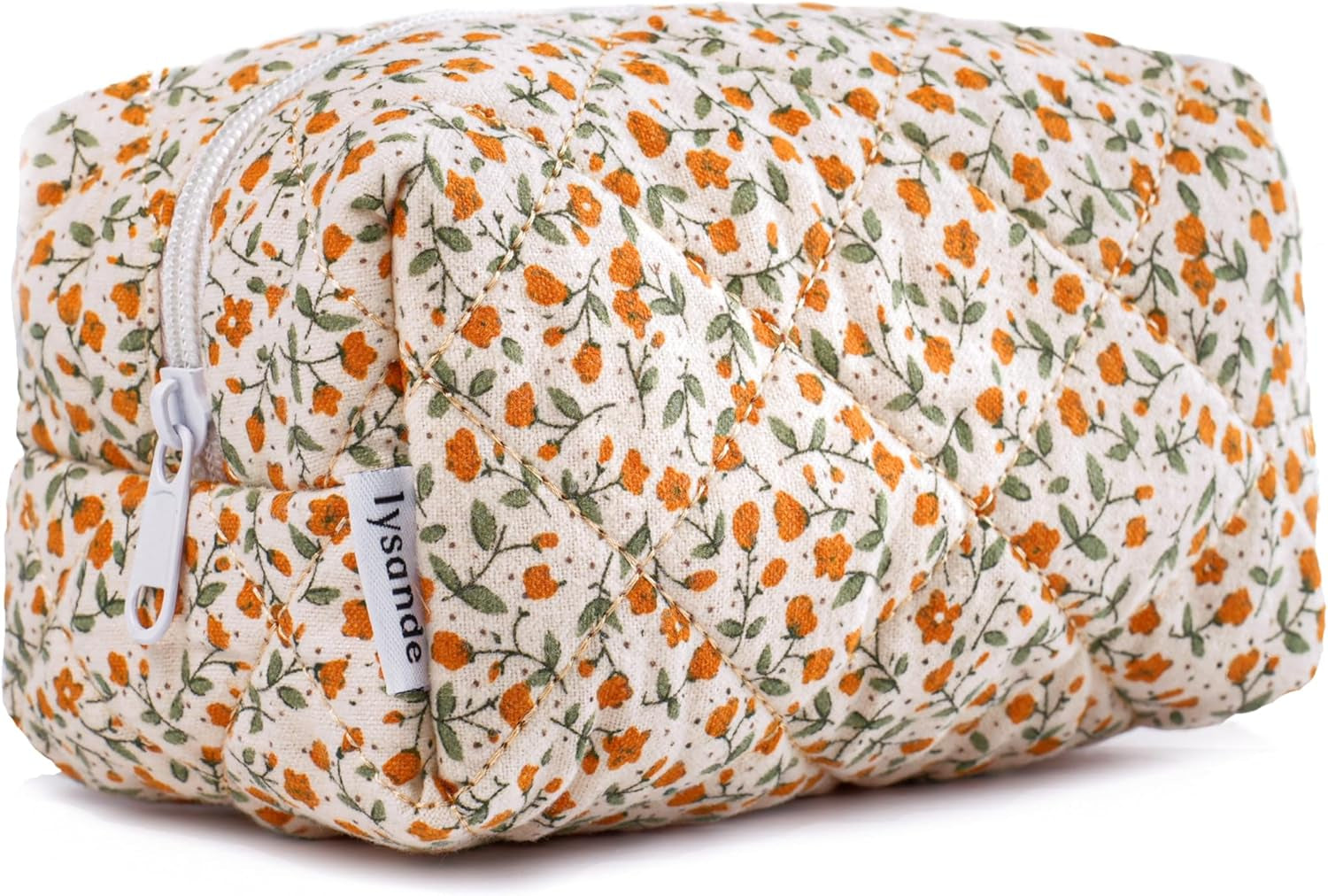 Puffy Quilted Makeup Bag, Toiletry Tote, Cosmetics Pouch, Quilted Floral Tote, Cosmetic Bag with Orange Flowers