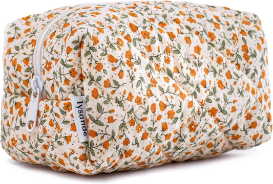 Puffy Quilted Makeup Bag, Toiletry Tote, Cosmetics Pouch, Quilted Floral Tote, Cosmetic Bag with Orange Flowers