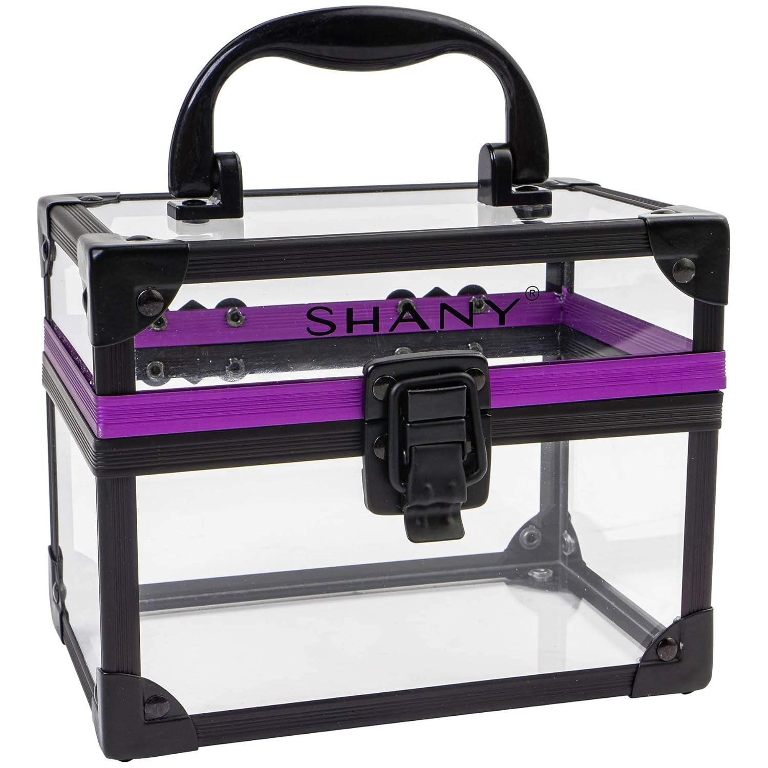 Clear Cosmetics and Toiletry Train Case - Clear Travel Makeup Bag Case Organizer with Secure Closure and Black/Purple Accents - Medium