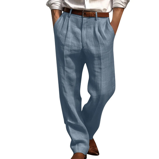 Cotton Linen Pants for Men Pleated Front Trouser Straight Leg Suit Trousers Solid Color Office Trouser Lightweight Linen Pant
