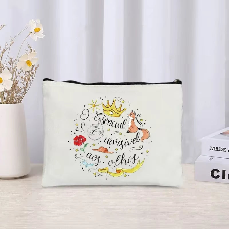 Cartoon Little Prince and Fox Makeup Bag Eco Canvas Women Travel Cosmetic Organizer Toilet Pouch Side Bag for Ladies Cute Purse