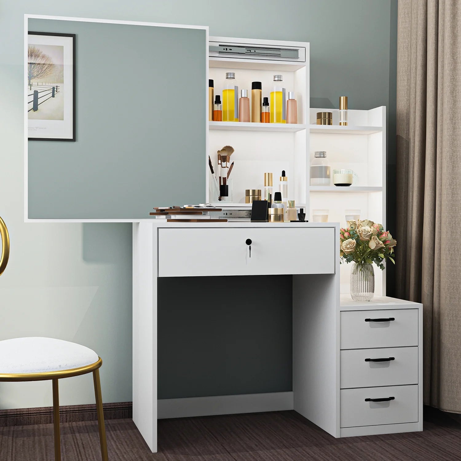 Vanity Table Stylish Aesthetic Durable with Sliding Mirror White