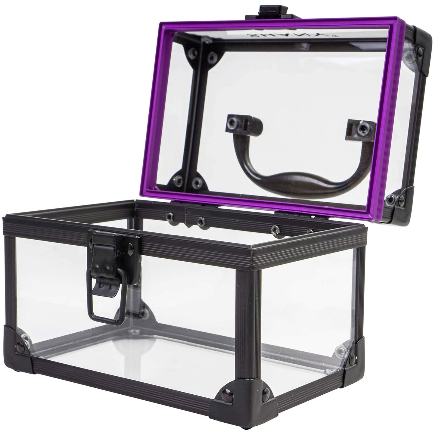 Clear Cosmetics and Toiletry Train Case - Clear Travel Makeup Bag Case Organizer with Secure Closure and Black/Purple Accents - Medium