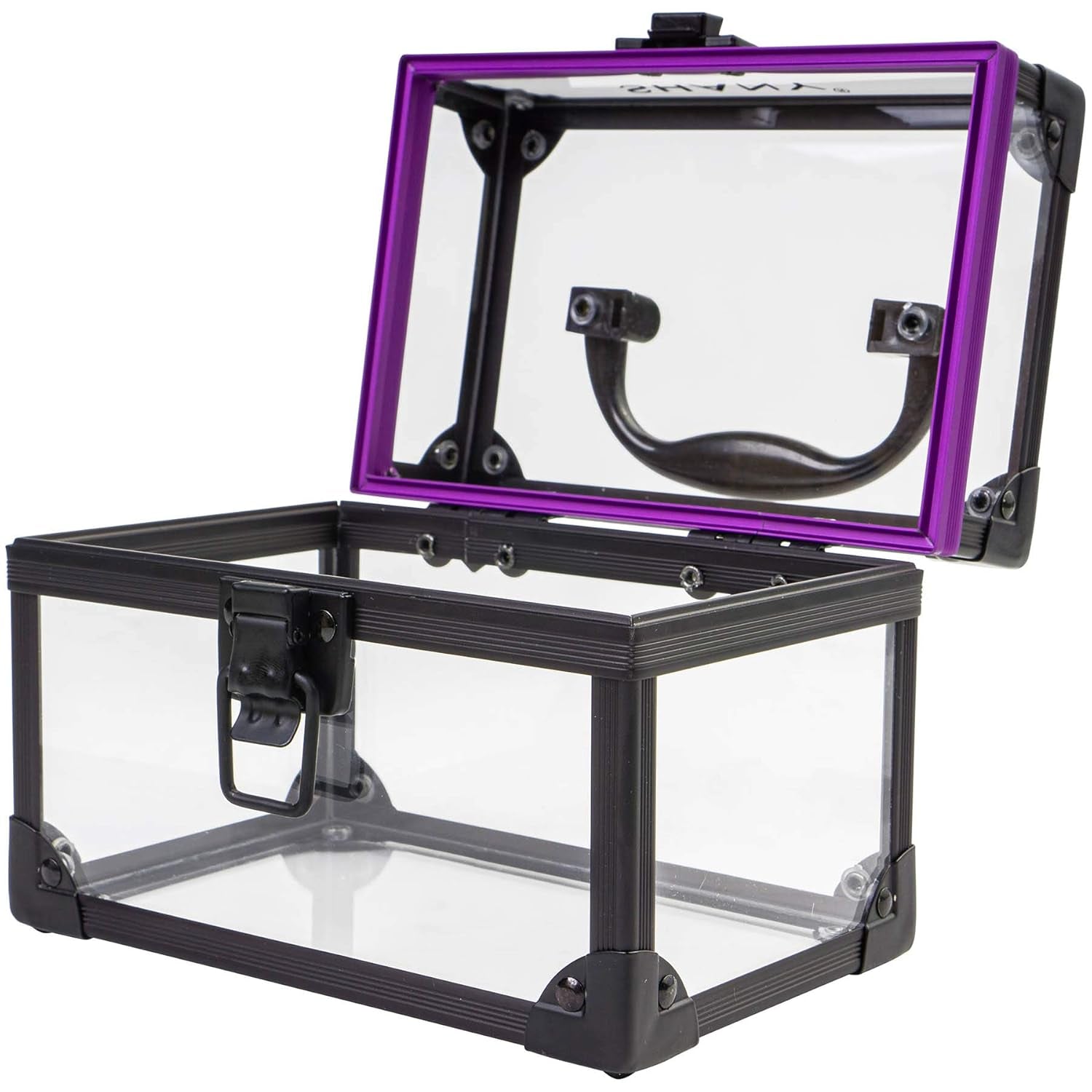 Clear Cosmetics and Toiletry Train Case - Clear Travel Makeup Bag Case Organizer with Secure Closure and Black/Purple Accents - Medium