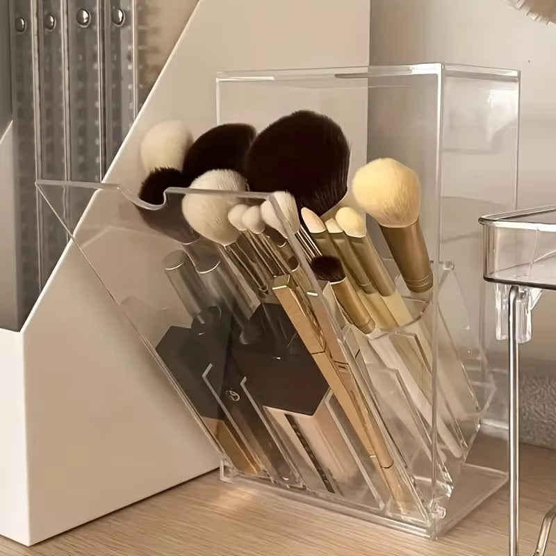 Large Capacity Clear Makeup Brush Storage Box with Front Flap Lid Acrylic Cosmetic Organizer for Brushes and Beauty Tools