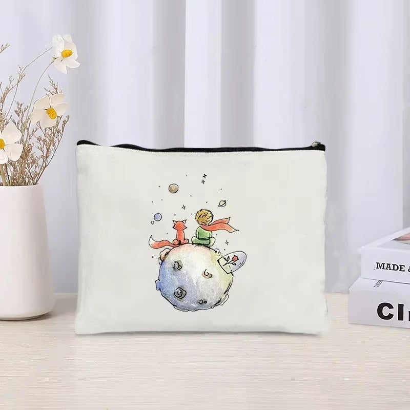 Cartoon Little Prince and Fox Makeup Bag Eco Canvas Women Travel Cosmetic Organizer Toilet Pouch Side Bag for Ladies Cute Purse