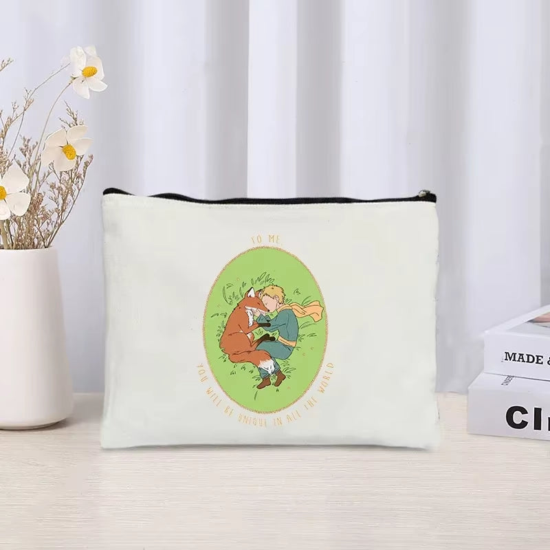 Cartoon Little Prince and Fox Makeup Bag Eco Canvas Women Travel Cosmetic Organizer Toilet Pouch Side Bag for Ladies Cute Purse