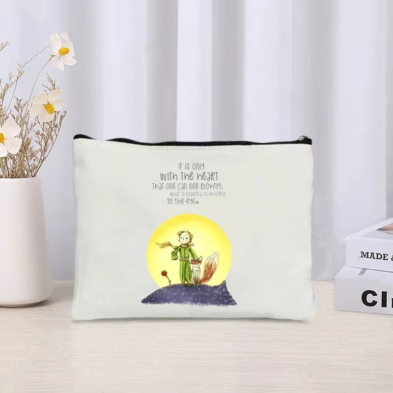 Cartoon Little Prince and Fox Makeup Bag Eco Canvas Women Travel Cosmetic Organizer Toilet Pouch Side Bag for Ladies Cute Purse