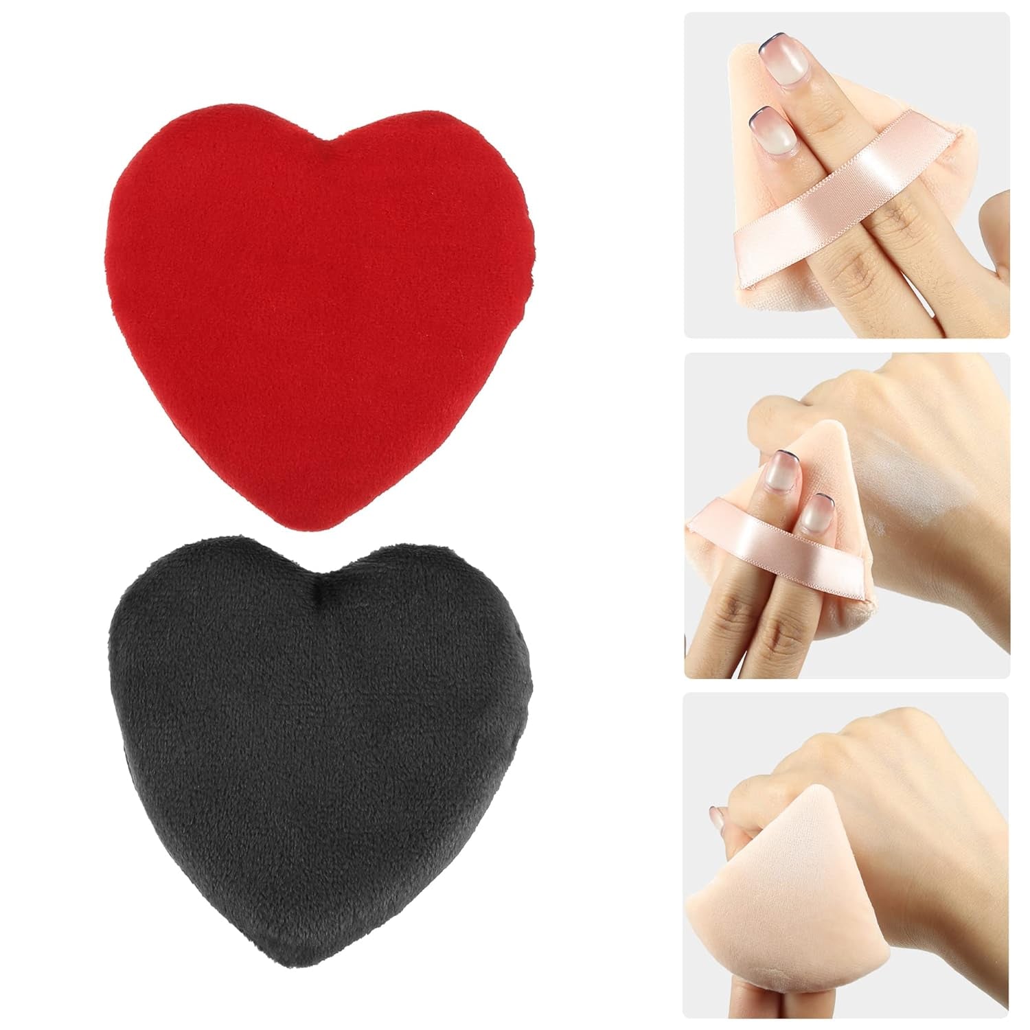 4 Pcs Loose Powder Puff, Face Soft Heart Shape Puff Blender Beauty Makeup Tool Short Plush, Black Red