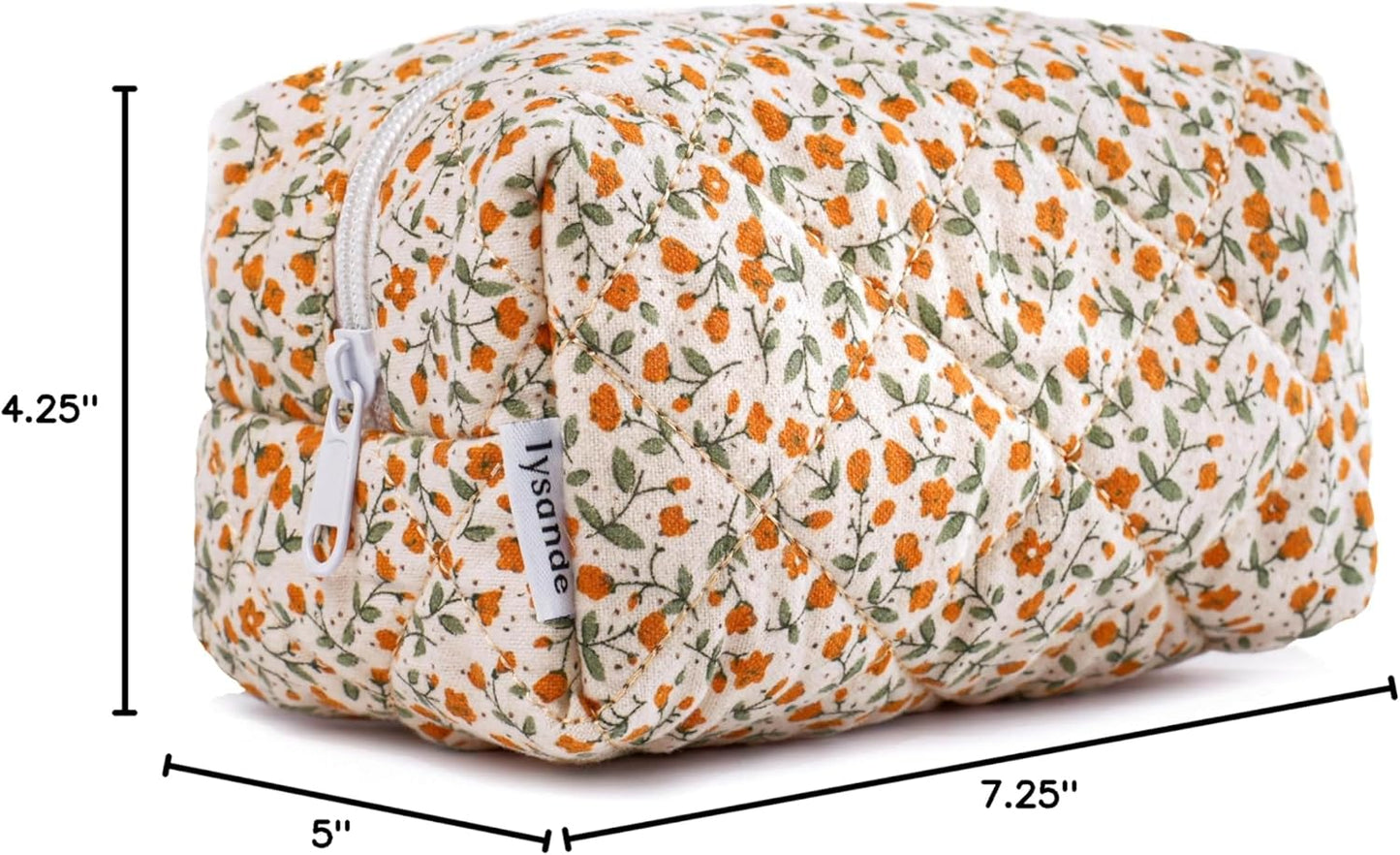 Puffy Quilted Makeup Bag, Toiletry Tote, Cosmetics Pouch, Quilted Floral Tote, Cosmetic Bag with Orange Flowers