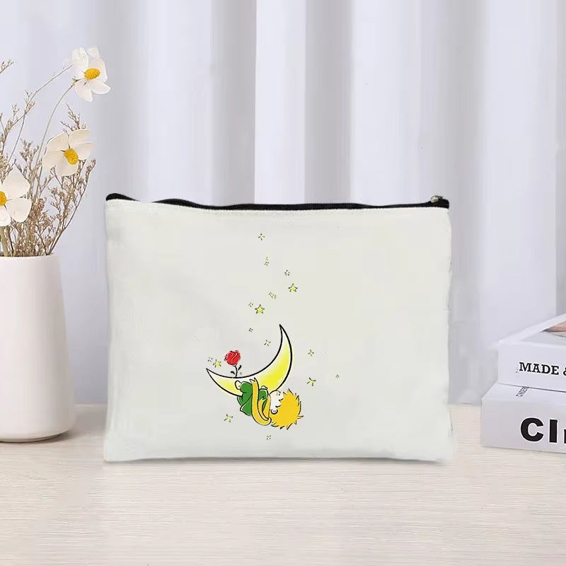Cartoon Little Prince and Fox Makeup Bag Eco Canvas Women Travel Cosmetic Organizer Toilet Pouch Side Bag for Ladies Cute Purse