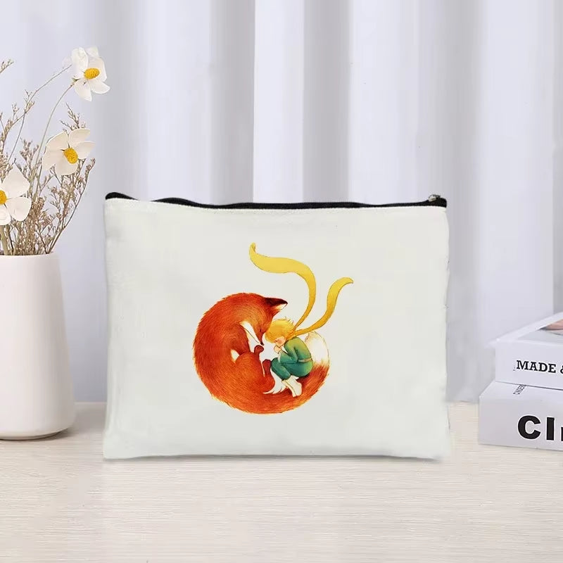 Cartoon Little Prince and Fox Makeup Bag Eco Canvas Women Travel Cosmetic Organizer Toilet Pouch Side Bag for Ladies Cute Purse