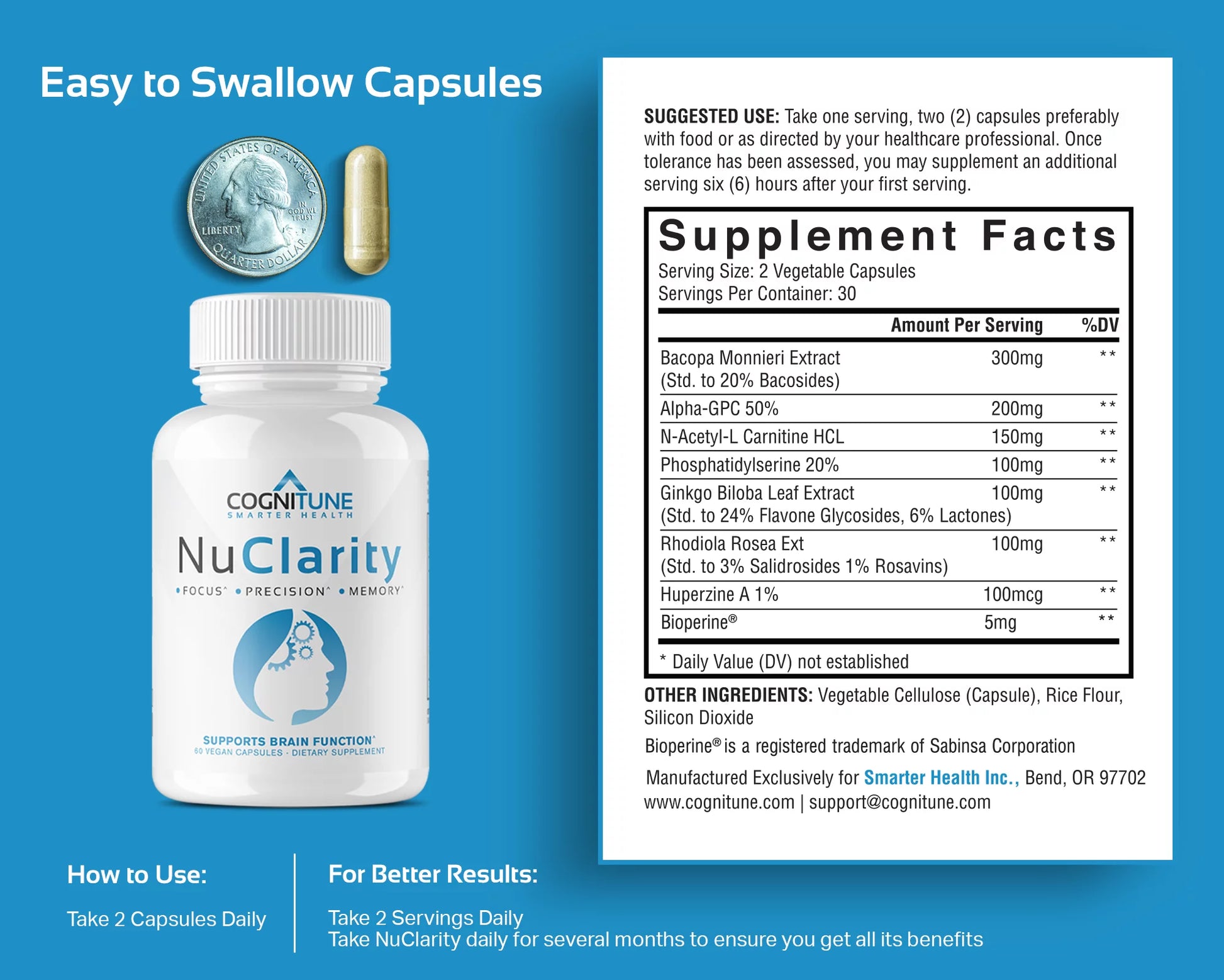 Nuclarity Nootropic Brain Supplement for Memory, Focus & Mental Clarity with Ginkgo Biloba, 60 Capsules