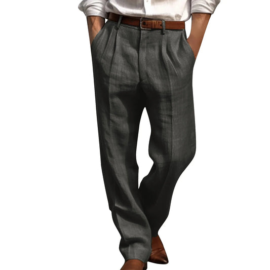 Cotton Linen Pants for Men Pleated Front Trouser Straight Leg Suit Trousers Solid Color Office Trouser Lightweight Linen Pant