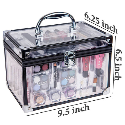 Carry All Trunk Makeup Train Case with Re-Usable Aluminum Beauty Storage Organizer Case. Make up Set with Eye Palettes, Blushes,Face Powders, Manicure, Pedicure and Cosmetics Brushes. GIFT SET
