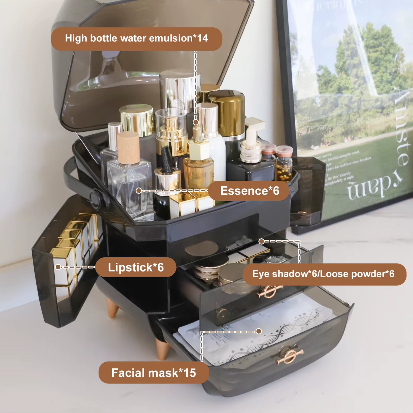 Makeup Organizer for Vanity, Portable Skincare Organizers with Lid and Drawers, Makeup Storage & Cosmetic Display Case for Count