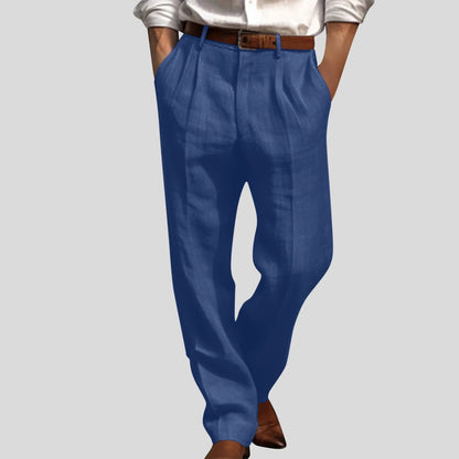 Cotton Linen Pants for Men Pleated Front Trouser Straight Leg Suit Trousers Solid Color Office Trouser Lightweight Linen Pant