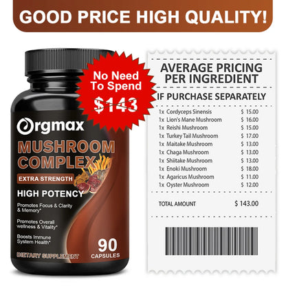 10 Blend Mushroom Complex Capsules 2760Mg for Energy & Immune Support, Dietary Supplements Promote Mental Clarity & Focus, 90 Capsules