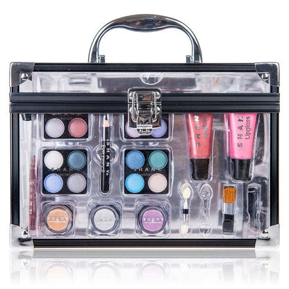 Carry All Trunk Makeup Train Case with Re-Usable Aluminum Beauty Storage Organizer Case. Make up Set with Eye Palettes, Blushes,Face Powders, Manicure, Pedicure and Cosmetics Brushes. GIFT SET