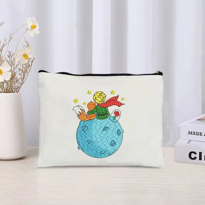 Cartoon Little Prince and Fox Makeup Bag Eco Canvas Women Travel Cosmetic Organizer Toilet Pouch Side Bag for Ladies Cute Purse