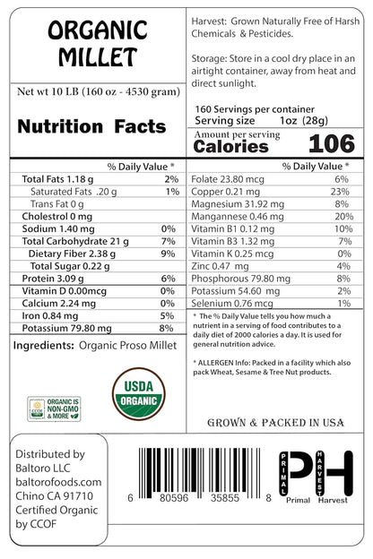 USA Grown Organic Millet, Whole Grain Seeds Non GMO Hulled Gluten Free Bulk Raw