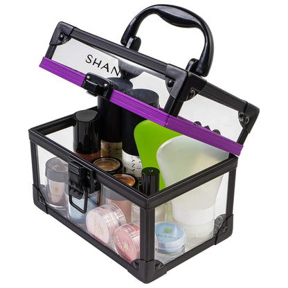 Clear Cosmetics and Toiletry Train Case - Clear Travel Makeup Bag Case Organizer with Secure Closure and Black/Purple Accents - Medium