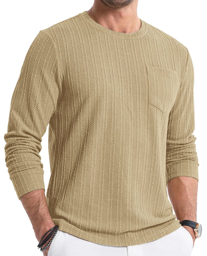 Mens Long Sleeve Shirts Crewneck Casual Tops Pullover Work Shirts Stretch Textured Knit T-Shirts with Pocket