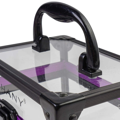 Clear Cosmetics and Toiletry Train Case - Clear Travel Makeup Bag Case Organizer with Secure Closure and Black/Purple Accents - Medium