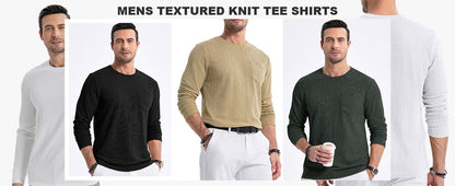 Mens Long Sleeve Shirts Crewneck Casual Tops Pullover Work Shirts Stretch Textured Knit T-Shirts with Pocket