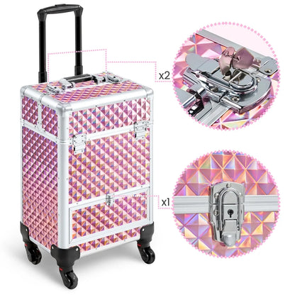 Aluminum Cosmetic Makeup Train Case with 4 Side Trays & 1 Slide-Out Drawer, Glitter Pink