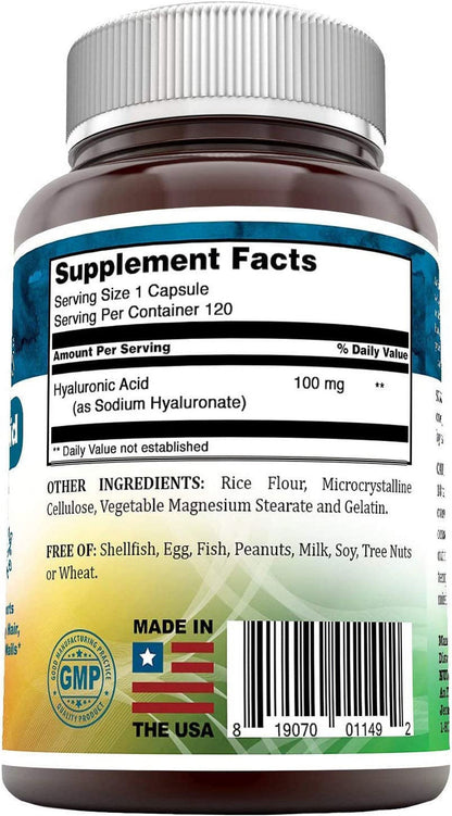 Hyaluronic Acid Dietary Supplement - 100 Mg 120 Capsules (Non-Gmo) - the Best Supplements for Joint Health, Skin Care & More*