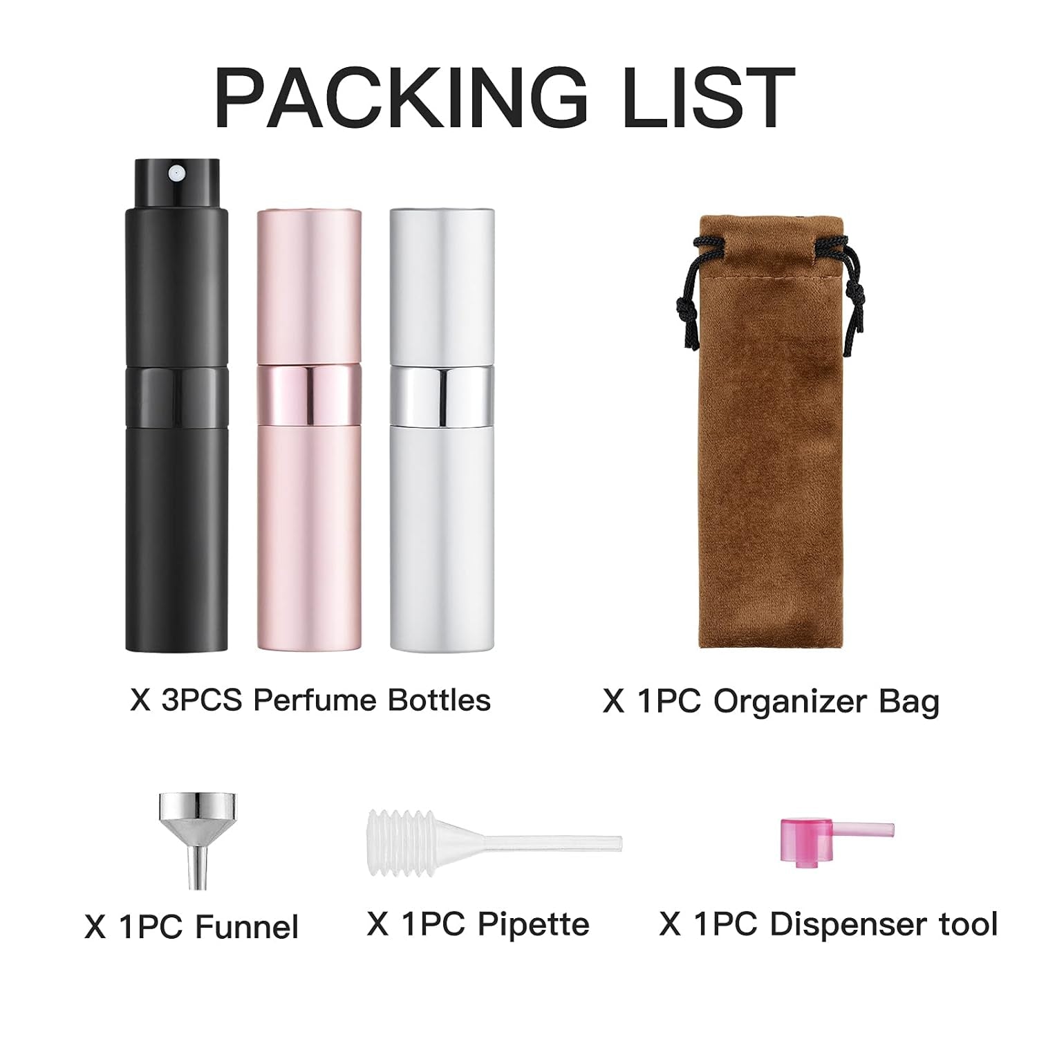 8ML Atomizer Perfume Spray Bottle for Travel (3 PCS) Empty Cologne Dispenser, Portable Sprayer for Men and Women (Black, Silver, Pink)