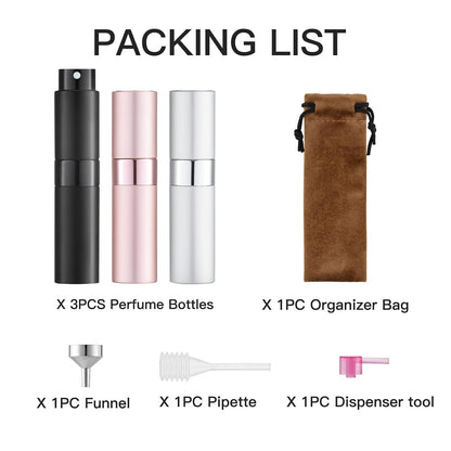 8ML Atomizer Perfume Spray Bottle for Travel (3 PCS) Empty Cologne Dispenser, Portable Sprayer for Men and Women (Black, Silver, Pink)