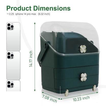Makeup Organizer Cosmetics Storage with Fully Open Lid, Green, Countertop Cosmetics Display Case, Dresser, Ideal Gift for Women (Dark Green), 10.23*7.08*14.17In