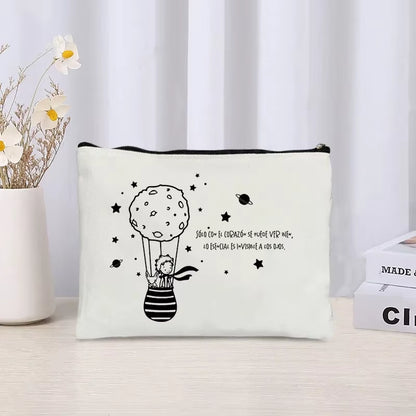 Cartoon Little Prince and Fox Makeup Bag Eco Canvas Women Travel Cosmetic Organizer Toilet Pouch Side Bag for Ladies Cute Purse