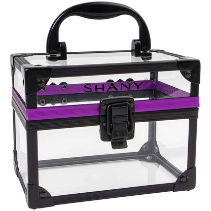 Clear Cosmetics and Toiletry Train Case - Clear Travel Makeup Bag Case Organizer with Secure Closure and Black/Purple Accents - Medium
