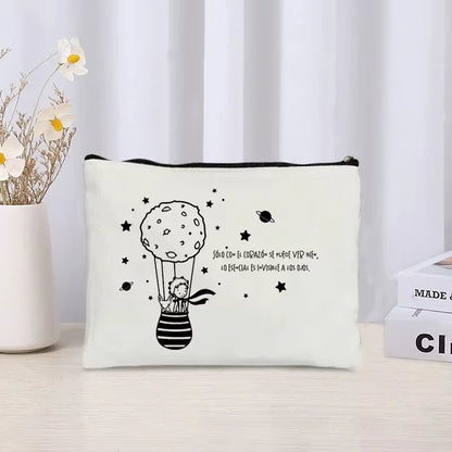 Cartoon Little Prince and Fox Makeup Bag Eco Canvas Women Travel Cosmetic Organizer Toilet Pouch Side Bag for Ladies Cute Purse